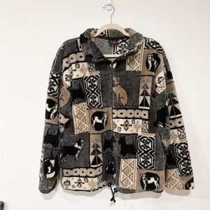 Mazmania Vintage Cozy Animal Dog Print Fleece Jacket Size XL